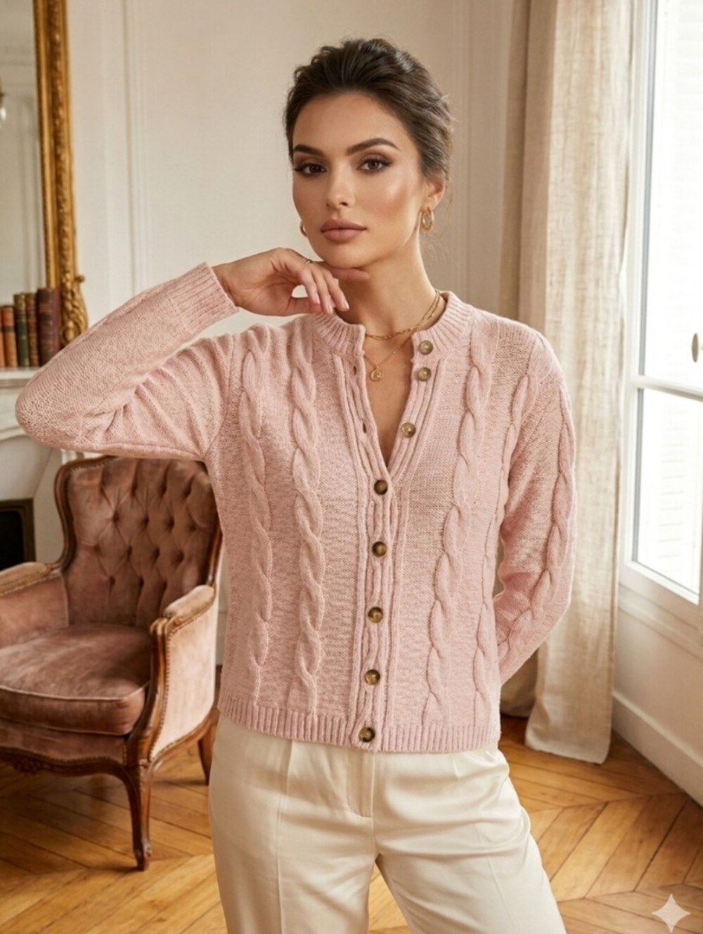 Zoe Ona Women's Pink Cable-Knit Button Cardigan Sweater NWT